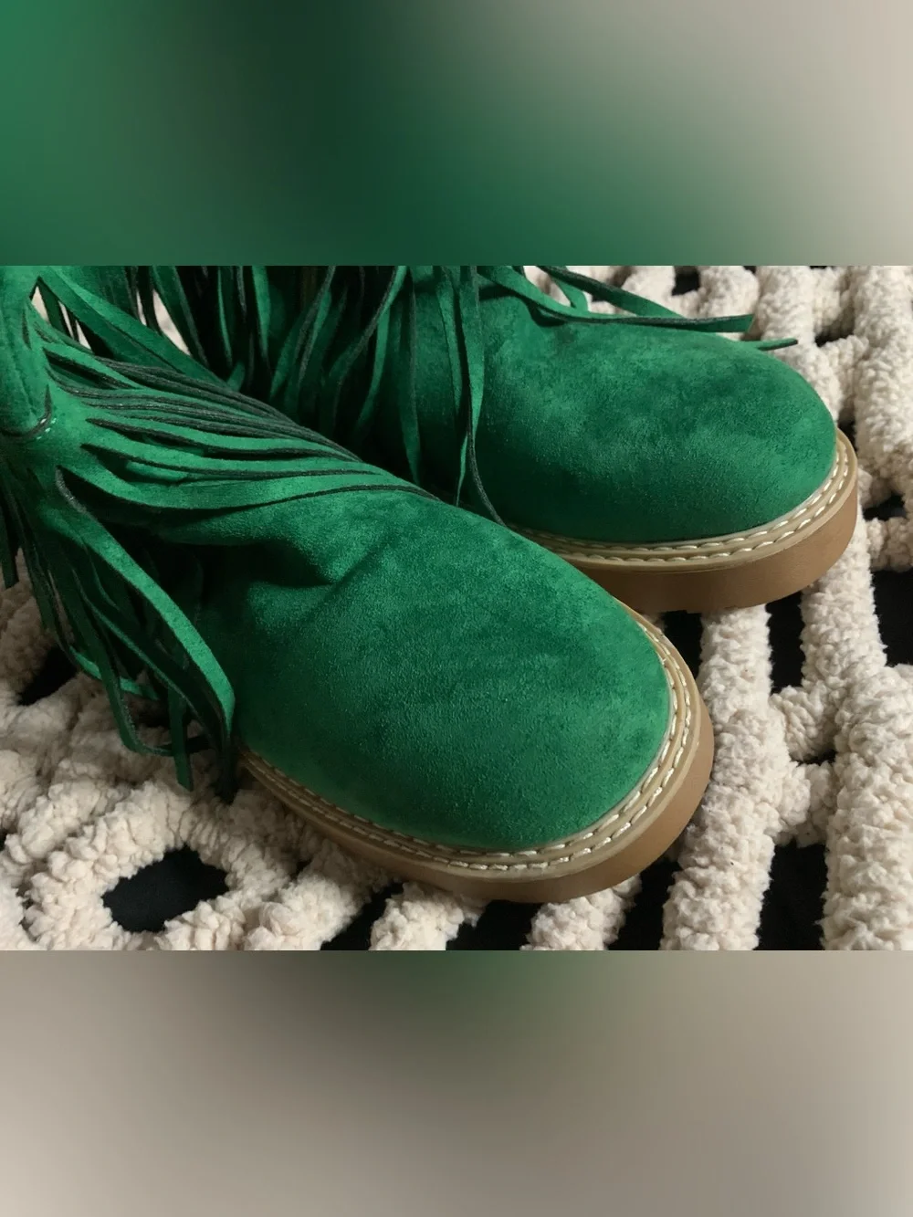 Green Fringe Faux-Suede Knee Boots with Faux-Fur Cuff